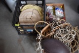 3 containers of assorted string and rope and football