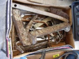 Box of Assorted Tools, Wrenches, Wire Brush, Small Square, Coping Saw