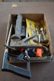 Box of Assorted Tools, 100 ft Tape, Hacksaw, Coping Saw