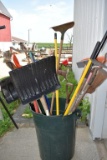 Assortment of Yard Tools with Rubbermaid Garbage Can