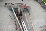 Assortment of Yard Tools with Metal Garbage Can