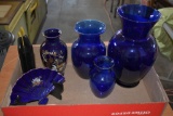 4 Blue Vases and Blue Painted Fan