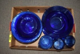 Blue Glass Candle Holder, Saucers, Creamer and Glasses