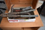 Box of Misc. Tools: Bolt Cutter, Hammer, Pipe Wrench, C-Clamp, Misc.