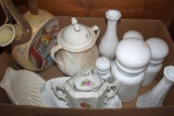 Box of Misc. White Glass with Painted Antique Jug