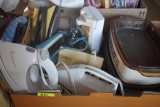 Box of Household Appliances Including Steam Irons and Mixer