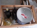 Wooden Crate with Vintage Glass Bottles