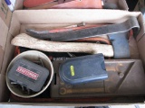 Box of Assorted Tools with Hatchet, Vise Grip and Pan Bits