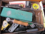 Box of Assorted Tools with Tape Measures, Screwdrivers, and Vise Grip