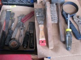 Assortment of Tools Including Wire Brushes, Rubber Mallet, Crescent Wrench, Oil Filter Wrench