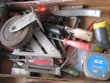 Box of Misc. Tools Including Tape Measure, Quick Square, Screwdrivers