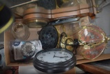 Box of Household Including Lamp, Clock, Glass Chimney, Mirror