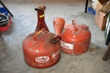 2 Metal Gas Cans and Small Jack Stand