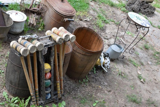 Nail kegs and Croquet set, garden tractor sprinkler
