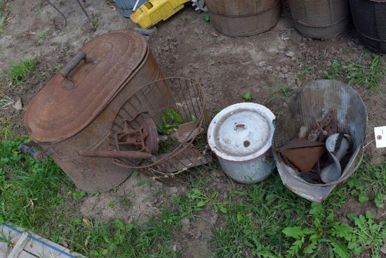 Coal bucket, egg basket, enamel ware and boiler