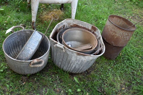 Galvanized bushel baskets and milk bucket