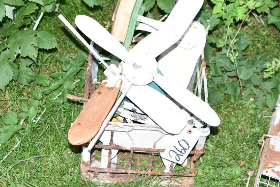 Wooden Yard Art and Metal Milk Crate