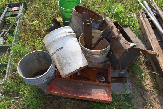 Pallet Containing: Plow Parts, Assorted Hand Tools, Bottle Jacks, Metal Tool Boxes, Draw Pins