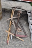 Vintage Scythe, Bow Saw, Post Hole Digger, Hand Saw