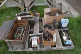 Pallet Containing Tools, Draw Pins, Grease Gun, Oil, Pullers, Battery Tester, Tool Boxes