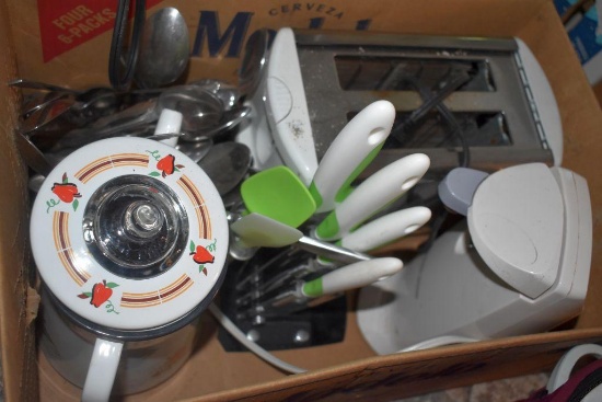 Toaster, Electric Can Opener, Ceramic Coffee Pot with Metal Strainer, Large Assortment of Spoons