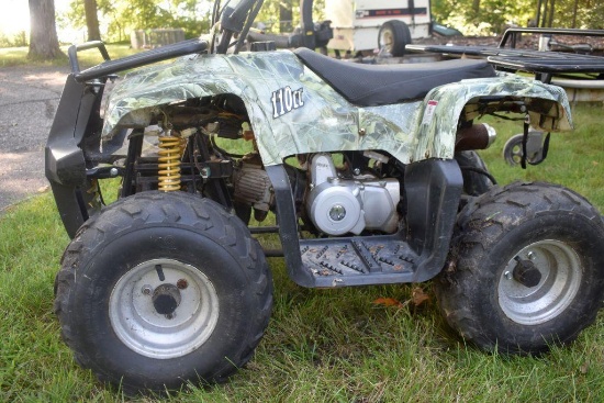 Youth 110cc ATV, Front and Rear Rack, Will Run, Needs Battery, No Registration
