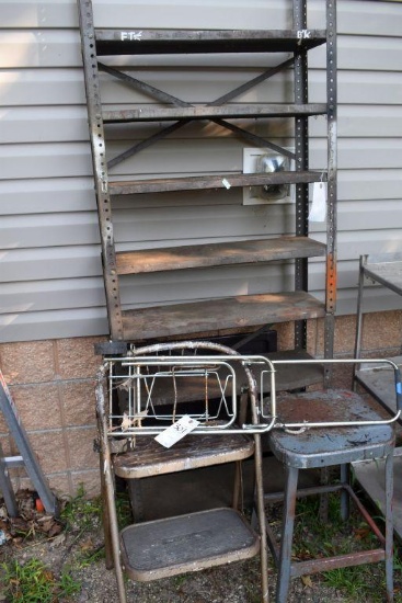 Metal Shelf, (2) Metal Stools