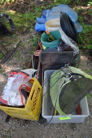 Fence Posts, Tarp, Sprinklers, Assorted Garden Items