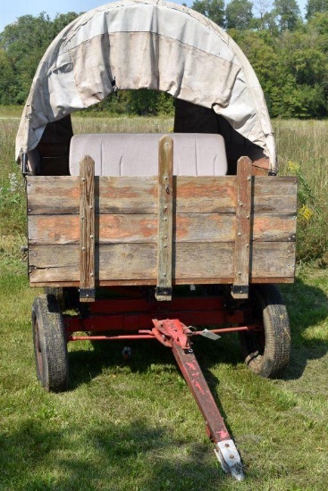 Horse Drawn or Pull Type Covered Wooden Wagon, Bench Seat, 68"x9', rear break drums