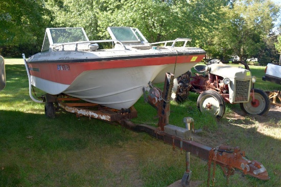 Silverline Fiberglass Boat on Single Axle Trailer, Inboard/Outboard Motor, Non Running, Needs Work