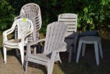 (6) Tan Stacking Lawn Chairs, (2) White Lawn Stacking Chairs, (3) Stacking Lawn Tables, (1) Round