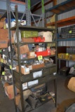 7'x3' Metal Shelf With Contents: 6 Shelves of Hardware, Wheel Chalks, Hand Winch