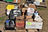 Pallet Containing Assorted Hardware and Electrical: Nails, Bolts, Outlets, Assorted Brackets, and