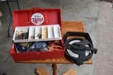 Tape Measure, Hard Plastic Box with Contents: Bits, Scissors, Clamps