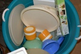 Plastic Handled Tub Containing Assorted Plastic Mixing Bowls, Strainer, Glass Cutter, Thermos