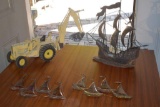 Decorative 3D Ship, Wall Hanging Sail Boat Decorations, Vintage Ford Model Tractor with Backhoe