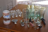 Budweiser Mug, Assorted Coca Cola Bottles and Drinking Glasses, Shot Glasses, Assorted Bar