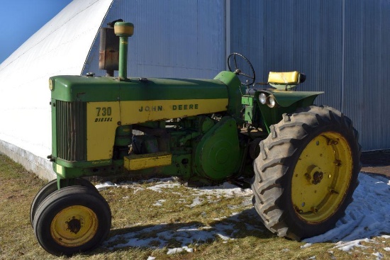 John Deere 730 Diesel Tractor, Electric Start, 5359 Hours, Air Stack, 3 Pt., Fenders, 2 Hyd., PTO,