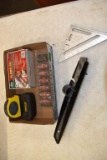 Assorted Tools: Magnetic Planer Knife Jig, Speed Square, Industrial Knife Blades, Laser Line
