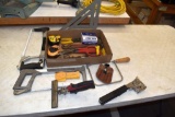 Assorted Tools: Hack Saws, Speed Square, Tin Snips, Hammer Stapler and More