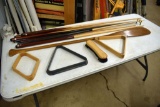 Assorted Pool Ques, Pool Ball Racks, Triangle, Wooden Oar