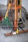 Assortment of Handled Tools: Scoop Shovel, Scraper, Push Brooms, Rake, Potato Fork, Maul, Other