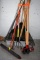Assortment of Handled Tools: Poly Snow Pusher, Pitch Fork, Push Broom, Rake, Hoe, Other