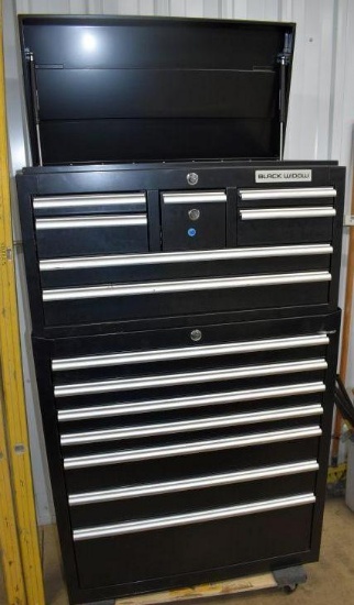 Black Widow 14 Drawer Top and Bottom Tool Box, with Top Keys, Like New, Bottom is Locked