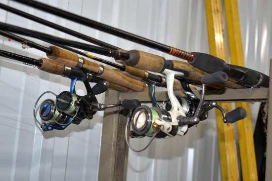 Assortment of Fishing Poles, Some with Reels