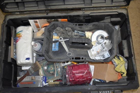 Husky Plastic Rolling Job Box Containing Tile Spacers, Knee Pads, Paper Towels and More