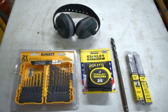 Stanley 25' Tape Measure, DeWalt 21 pc Drill Bit Set, Drill Bits, Silencio Mark 10 Ear Muffs