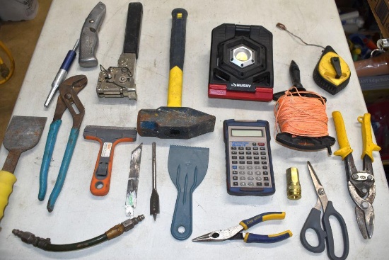 Husky Clamp Work Light, Hammer Stapler, Hammer, Marking Line Twine, Tin Snips, Box Cutter
