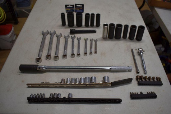 Assorted Craftsman Wrenches, 1/2" Drive Sockets, 1/4" Drive Sockets, Assorted Bits