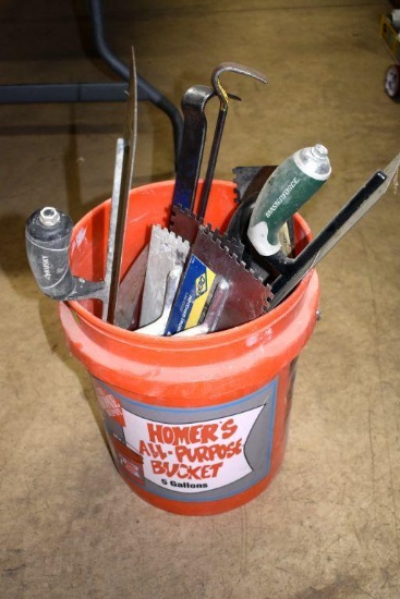Bucket Containing Cement Trowels, Pry Bars